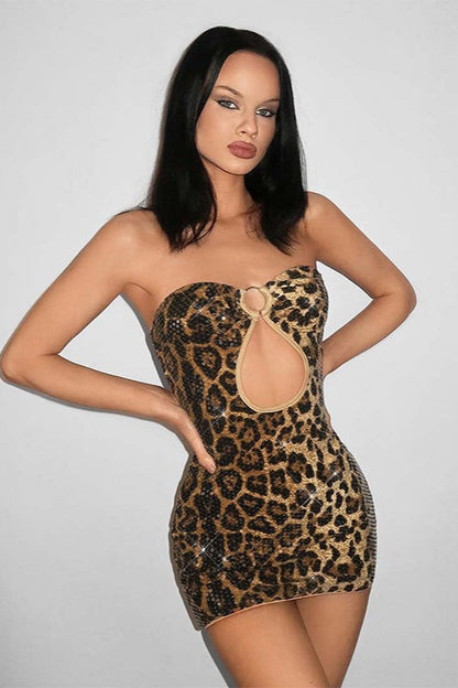 Leopard Print Sequin Strapless Backless Mini Bodycon Dress