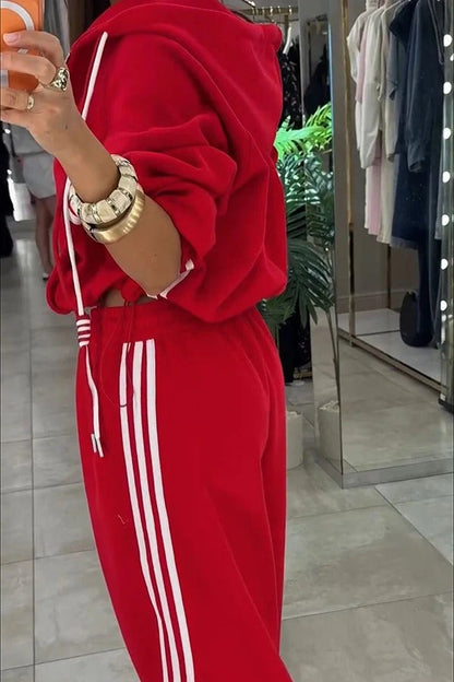 Fashionable Sporty Color-blocked Stripes Zip-up Hooded Sweatshirt and Elastic Waist Pocket Pants Set