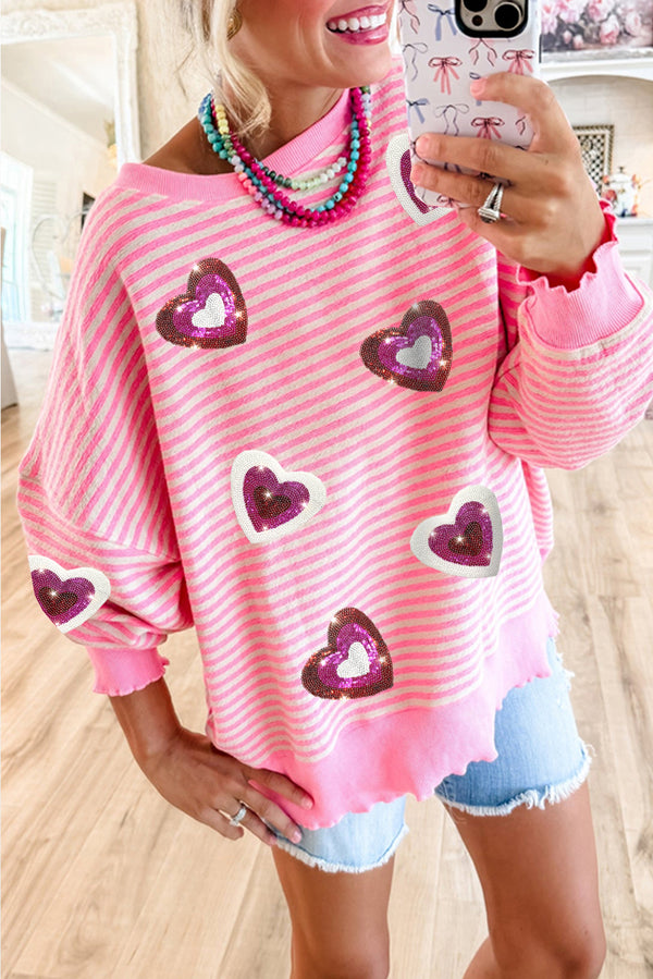 Pink Stripe Sequin Heart Patches Pattern Long Sleeve Valentines Top