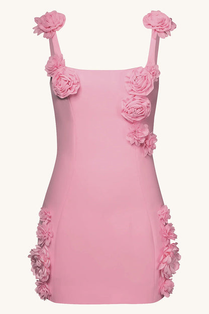 3D Floral Applique Square Neck Spaghetti Strap Bodycon Mini Dress