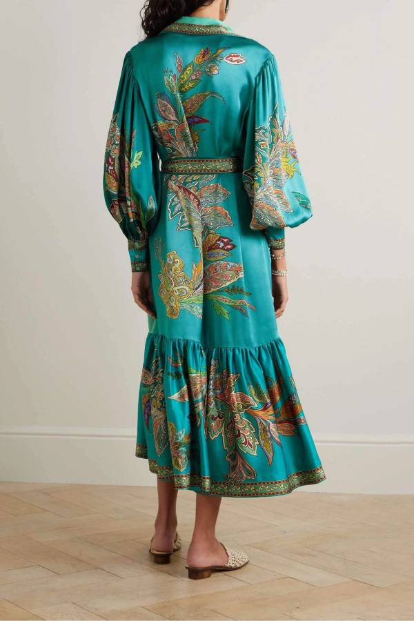 Delicate Satin Floral Print Single Breasted Midi Dress