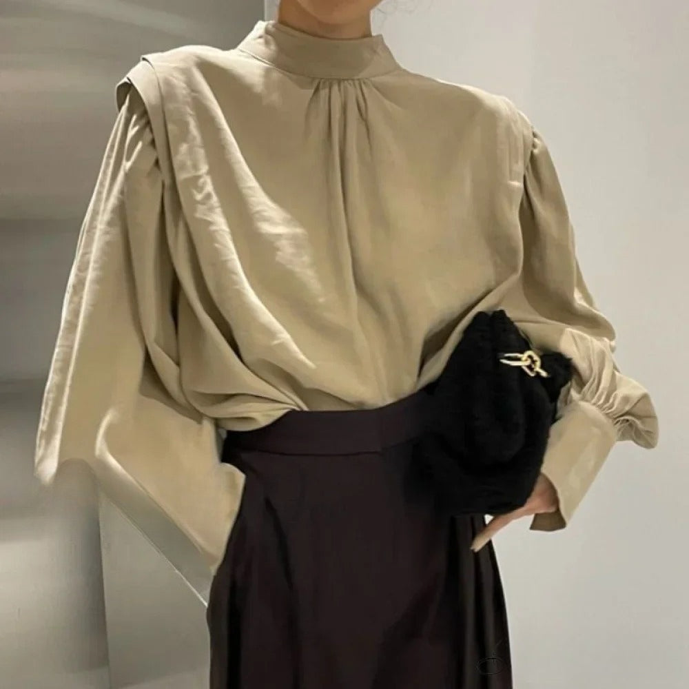 Black Lantern Sleeve Button-Up Blouse