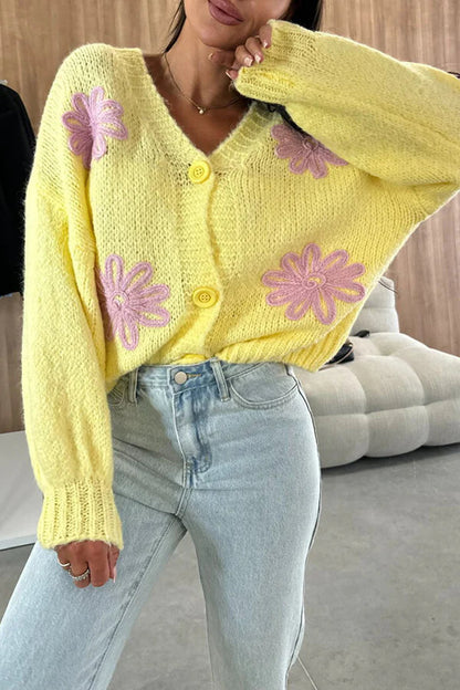 Embroidered Floral V-neck Long-sleeved Button-knit Cardigan