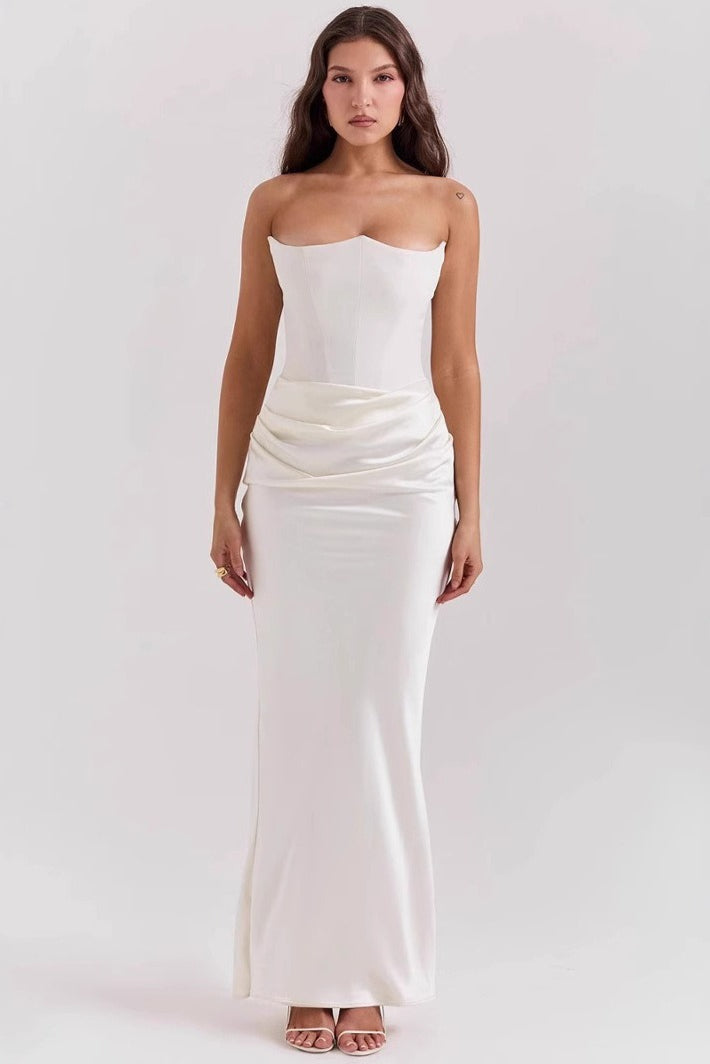 Satin Ruched Strapless Bodycon Dress