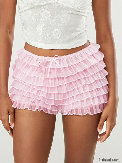 Fairycore Multi-Layer Mesh Low Rise Bowknot Ruffle Short
