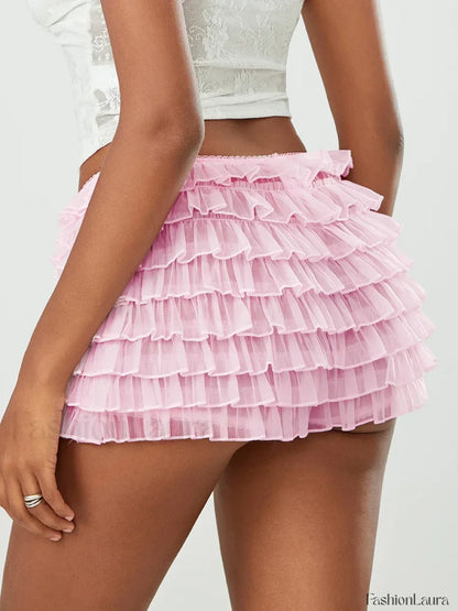 Fairycore Multi-Layer Mesh Low Rise Bowknot Ruffle Short
