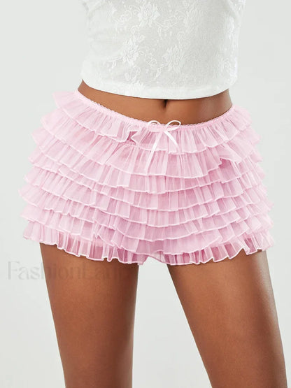 Fairycore Multi-Layer Mesh Low Rise Bowknot Ruffle Short