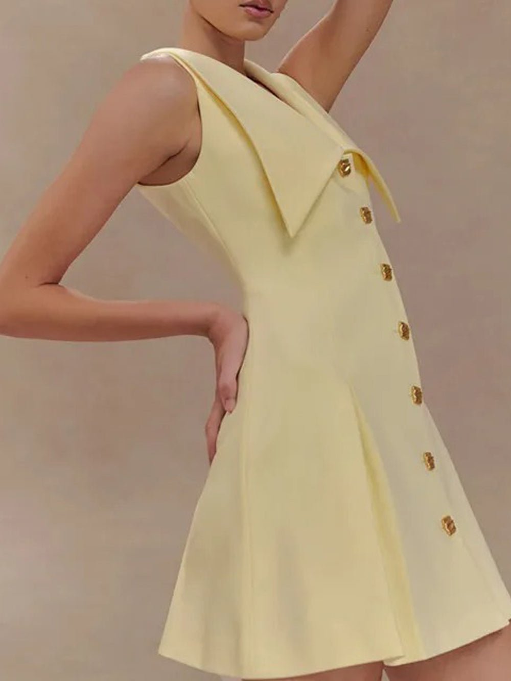 Deep V-Neck Pointed Collar Button Front Knife Pleat A-Line Mini Dress