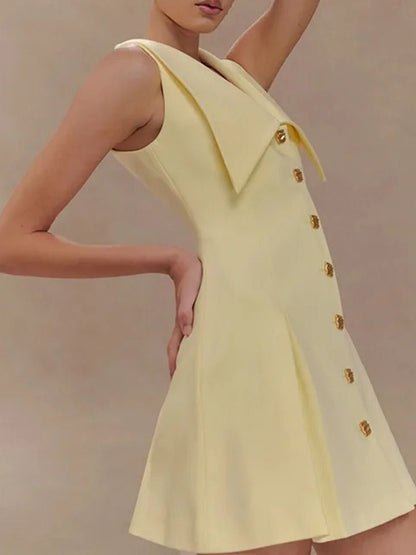 Deep V-Neck Pointed Collar Button Front Knife Pleat A-Line Mini Dress