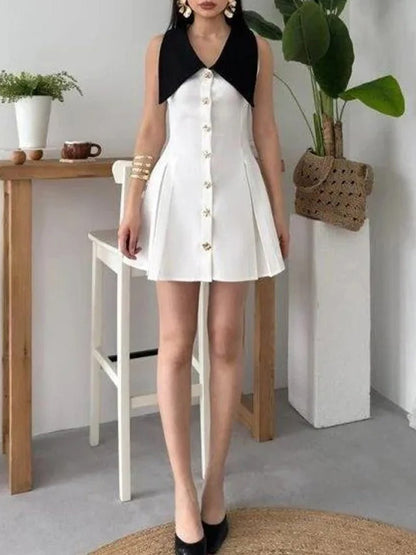 Deep V-Neck Pointed Collar Button Front Knife Pleat A-Line Mini Dress