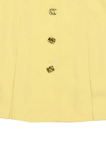 Deep V-Neck Pointed Collar Button Front Knife Pleat A-Line Mini Dress