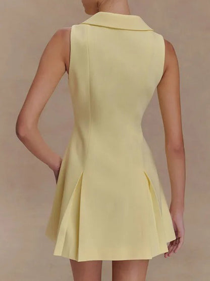 Deep V-Neck Pointed Collar Button Front Knife Pleat A-Line Mini Dress