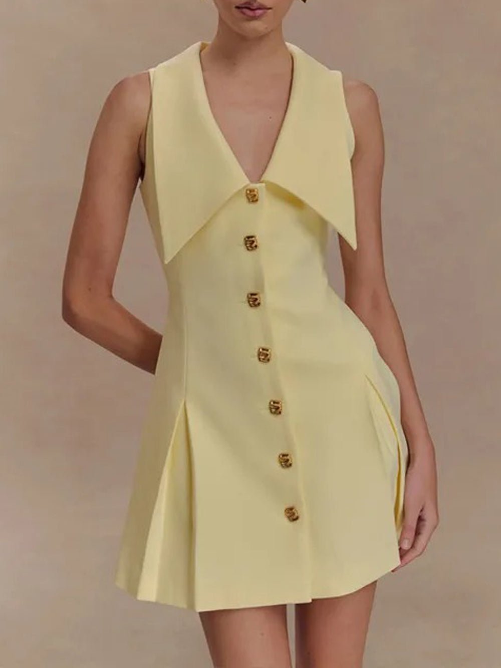 Deep V-Neck Pointed Collar Button Front Knife Pleat A-Line Mini Dress