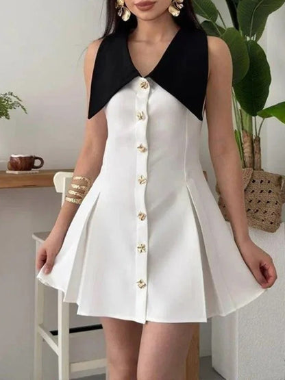 Deep V-Neck Pointed Collar Button Front Knife Pleat A-Line Mini Dress