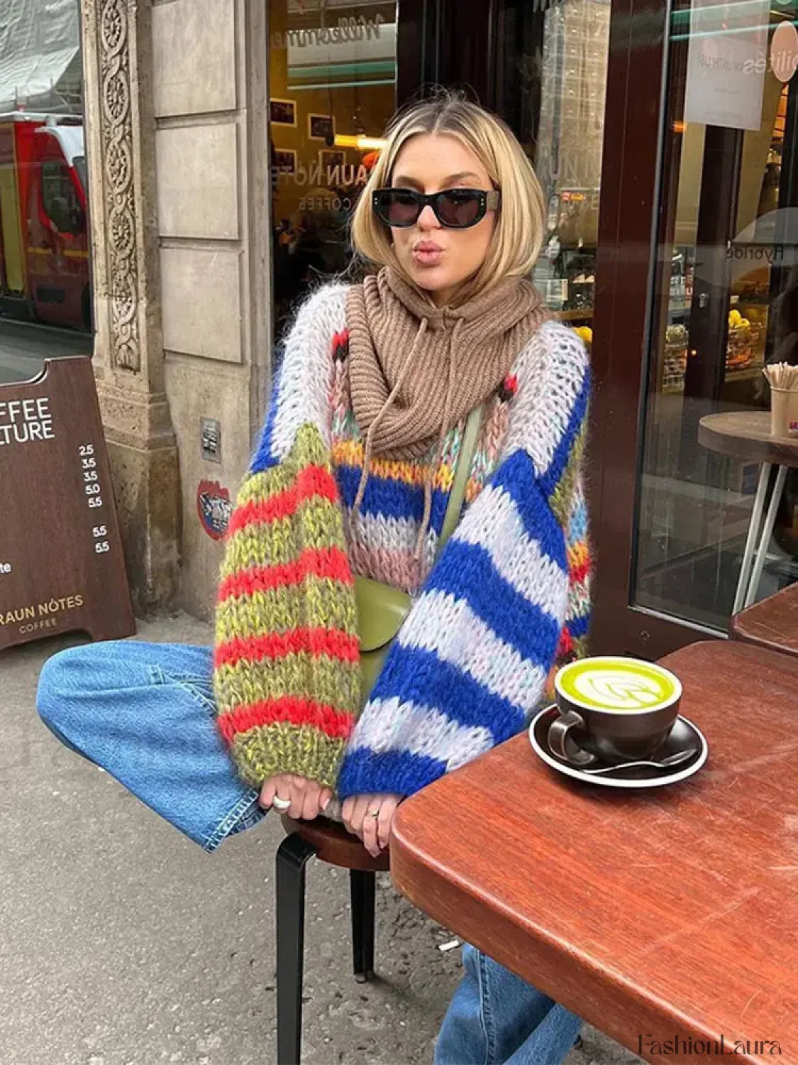 Fashion Contrasting O Neck Hollow Out Knitted Pullover Women Long Sleeve Loose Sweater