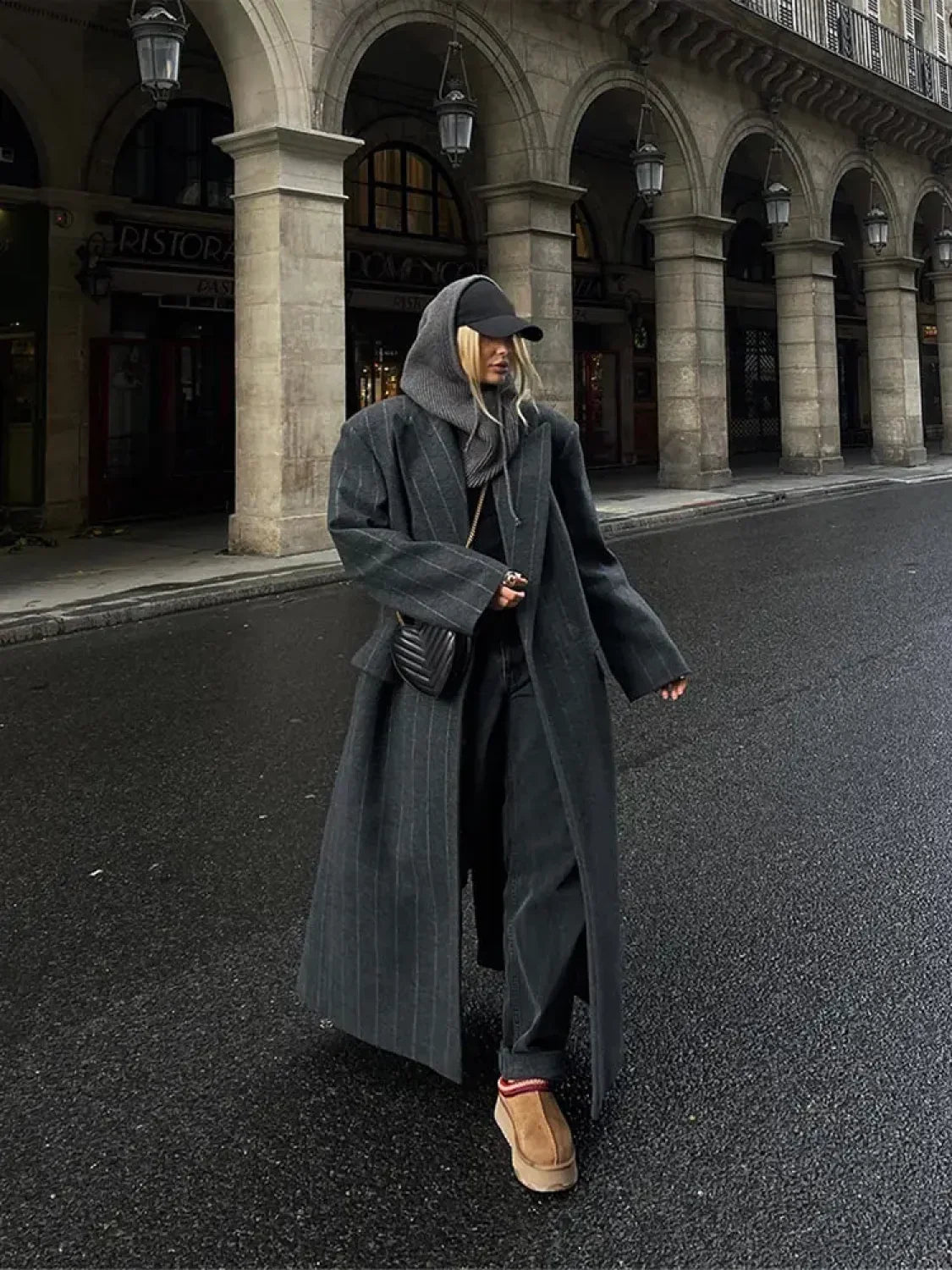 Fashion Dark Grey Stripe Lapel Double Breasted Overcoats