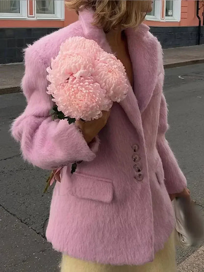 Fashion Pink Lapel Long Sleeves Women Blazer Jacket Loose Overcoats