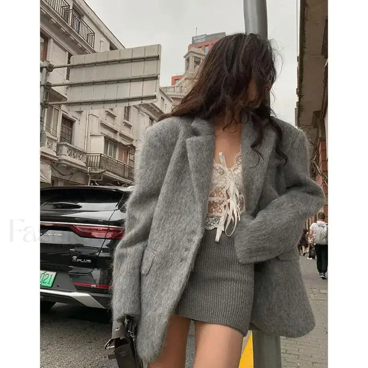 Fashion Pink Lapel Long Sleeves Women Blazer Jacket Loose Overcoats