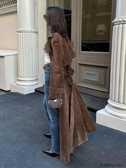 Fashion With Belt Faux Leather Long Overcoat