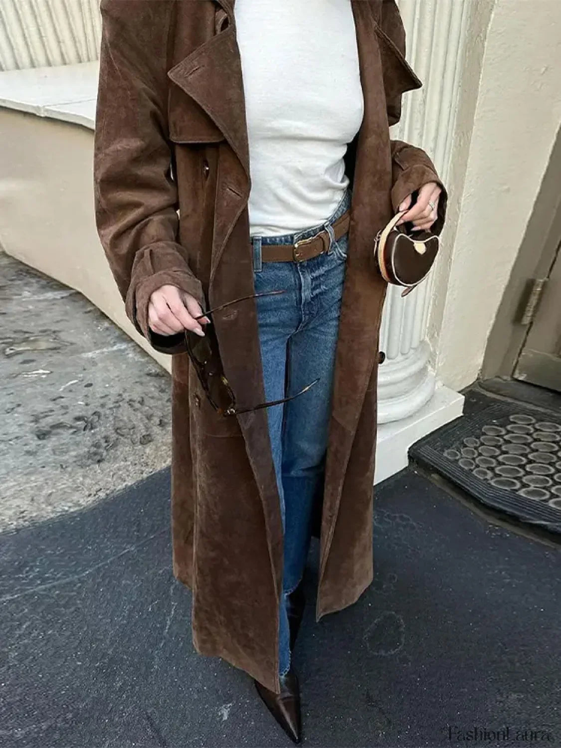 Fashion With Belt Faux Leather Long Overcoat