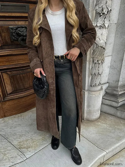 Fashion With Belt Faux Leather Long Overcoat