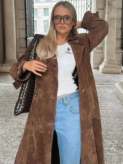 Fashion With Belt Faux Leather Long Overcoat