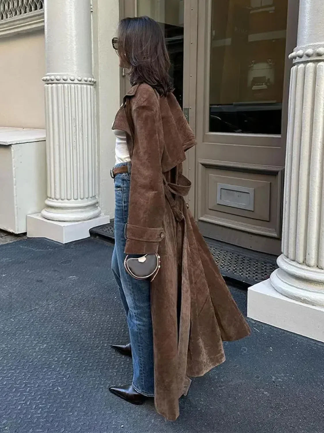 Fashion With Belt Faux Leather Long Overcoat