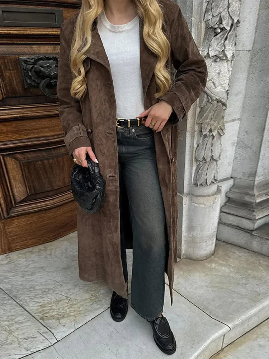 Fashion With Belt Faux Leather Long Overcoat