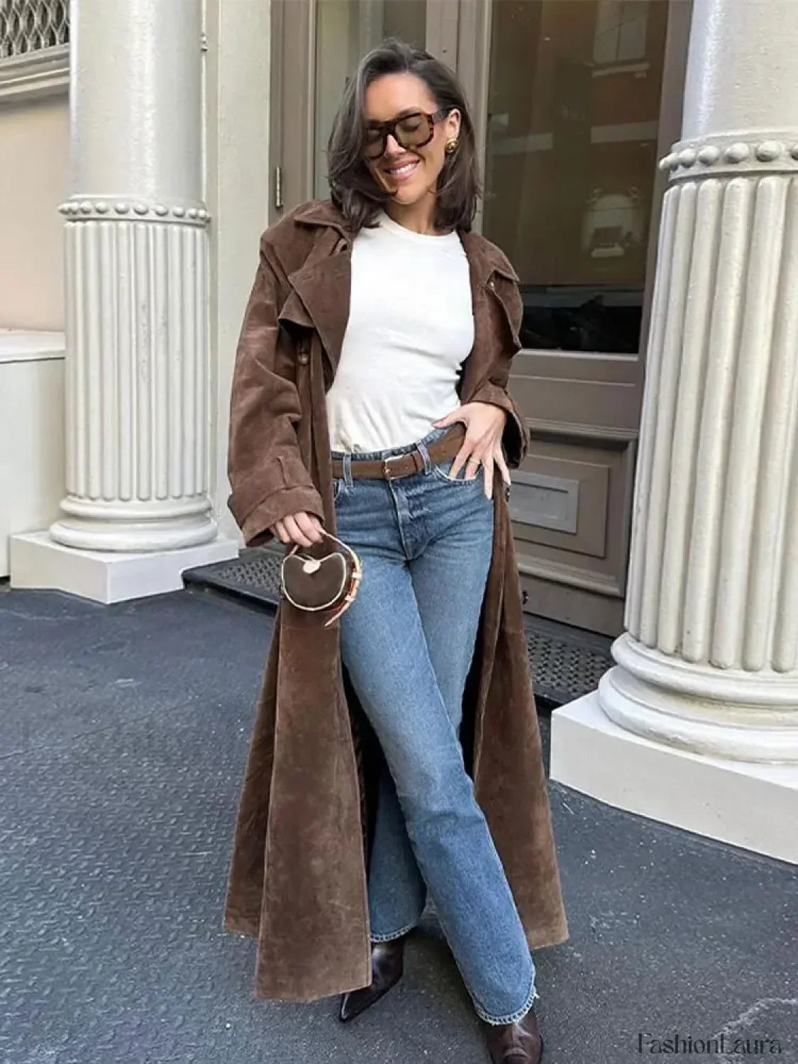 Fashion With Belt Faux Leather Long Overcoat