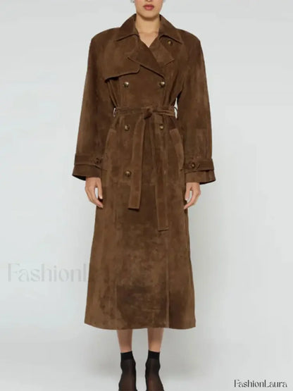 Fashion With Belt Faux Leather Long Overcoat