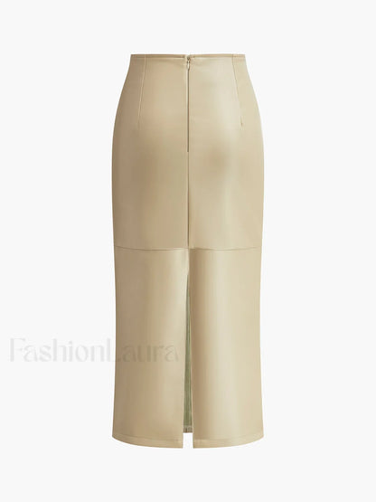 Faux Leather Piping Sit Midi Skirt