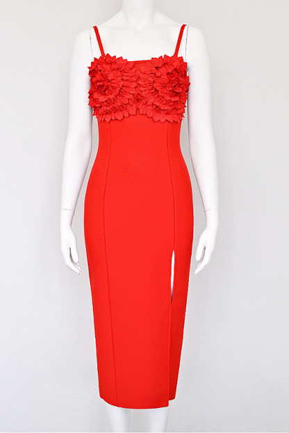 Lipstick Red Spaghetti Strap 3D Flower Applique High Split Bandage Midi Dress
