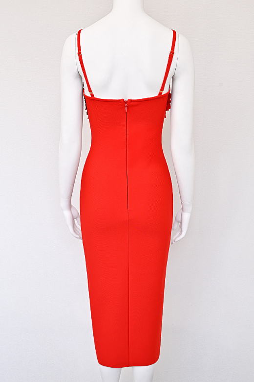 Lipstick Red Spaghetti Strap 3D Flower Applique High Split Bandage Midi Dress