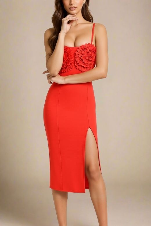Lipstick Red Spaghetti Strap 3D Flower Applique High Split Bandage Midi Dress