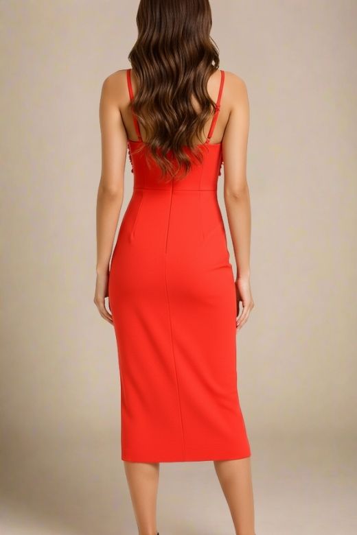 Lipstick Red Spaghetti Strap 3D Flower Applique High Split Bandage Midi Dress