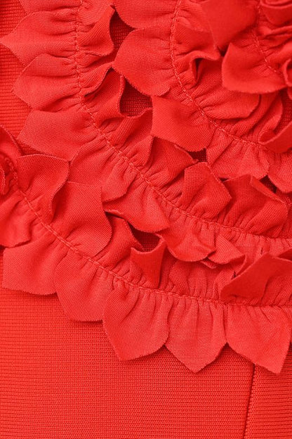 Lipstick Red Spaghetti Strap 3D Flower Applique High Split Bandage Midi Dress