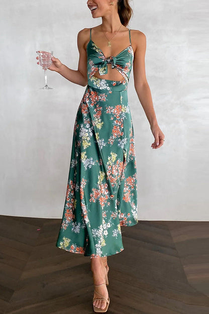 Floral Print Tie Front Sweetheart Cutout Midriff Slit Satin Maxi Dress