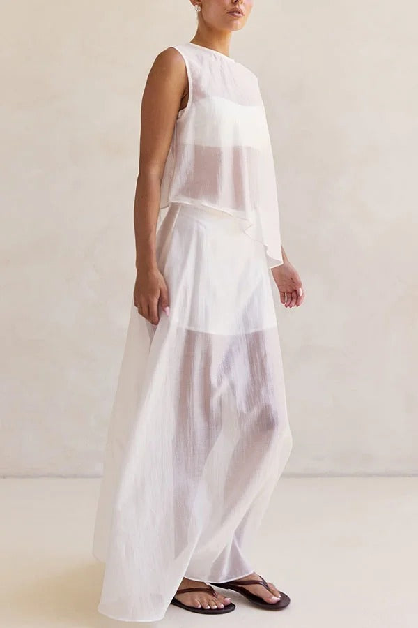 Lena Semi-sheer Irregular Hem Top and High Rise Side Zipper A-line Maxi Skirt Set