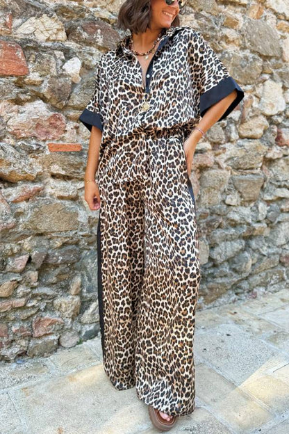 Leopard Print Color Block Short Sleeve Loose Shirt and Elastic Waist Pocket Pants Set