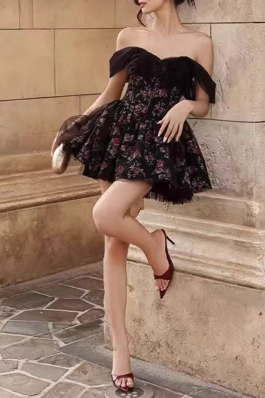 Off Shoulder Mesh Bubble Sleeve Mini Floral Dress