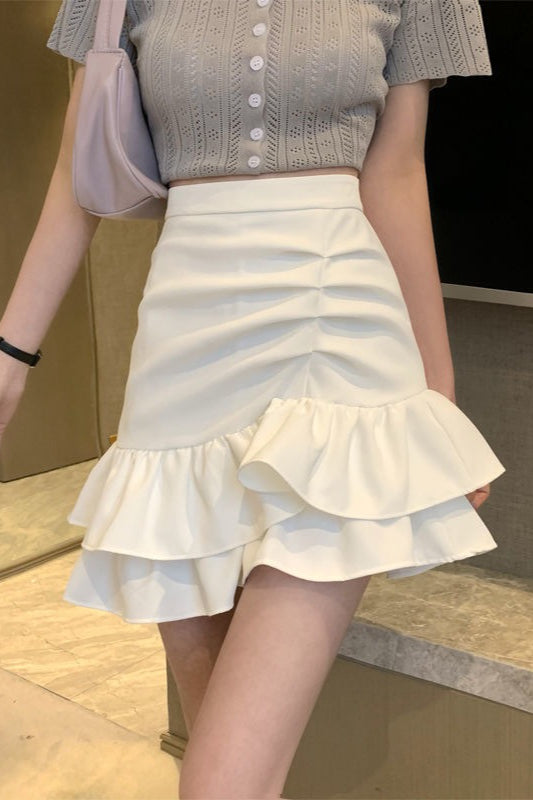 High Waist Pink Flounce Hem Asymmetrical Skirt