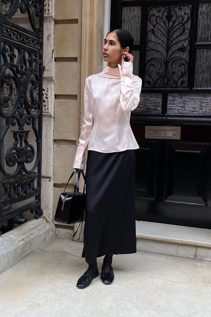 Stand Collar Neck Tie Slim Fit Workwear Long Sleeve Blouse