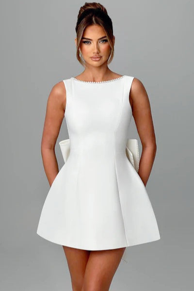 Pearl Bow Backless Mini Birthday Dress