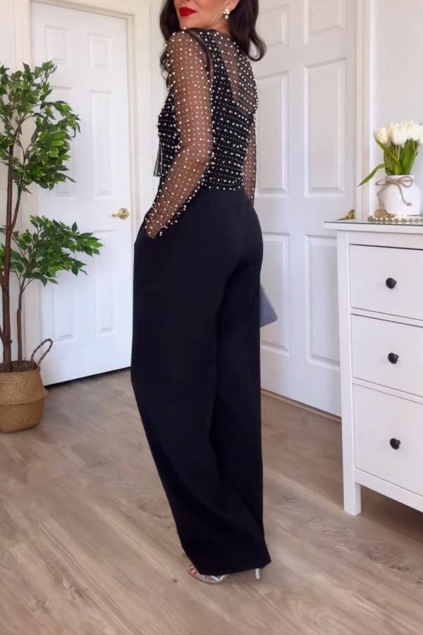 Sheer Long-Sleeved Blouse with Pearl Embellishments