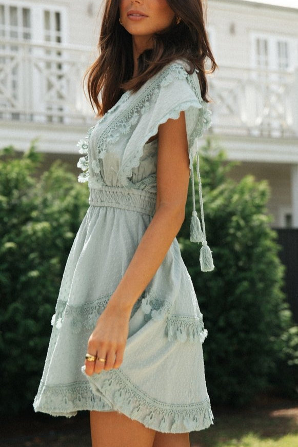 Lace Patchwork Tie Back Flowy Batwing Boho Dress