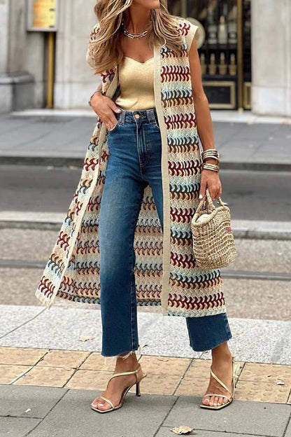 Colorful Striped Knitted Sleeveless Long Cardigan