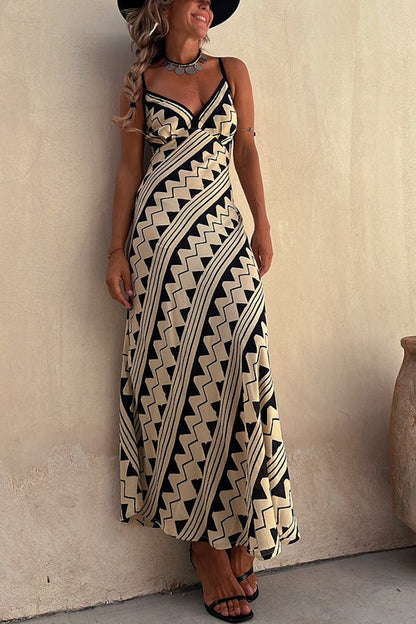 Geometric Zigzag Print Spaghetti Strap Deep V-Neck Maxi Dress