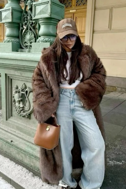 Retro Faux Fox Fur Notched Lapel Long Overcoat