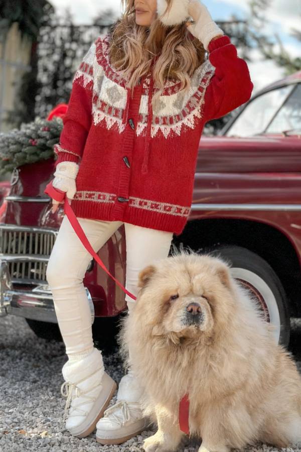 Christmas Fireplace Patterned Cardigan with Fur