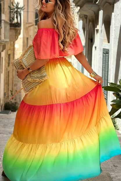 Joyelle Gradient Print Off Shoulder Tie-up Vacation Maxi Dress